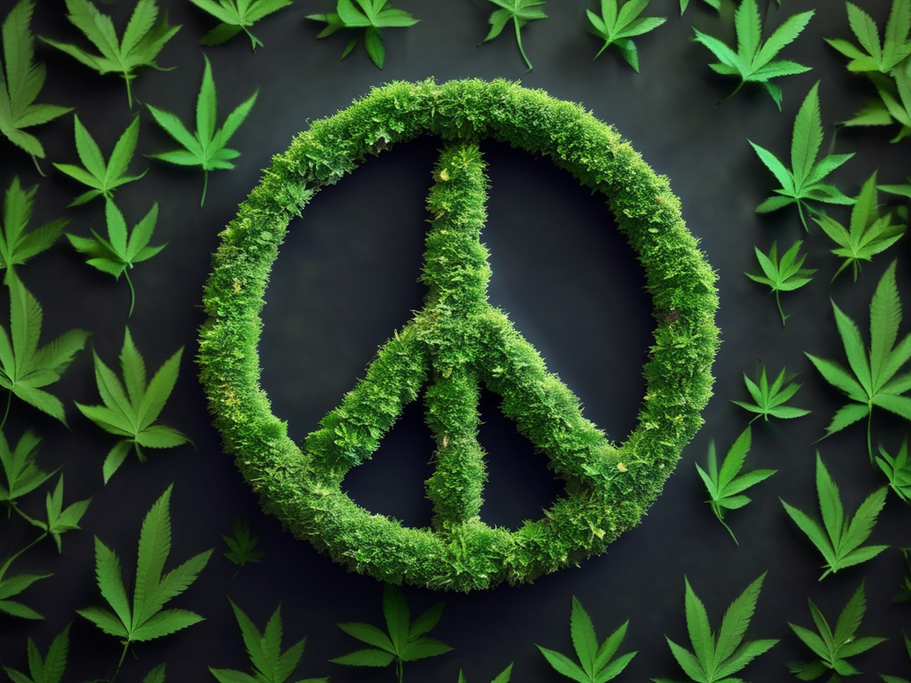 A peace symbol made of green moss surrounded by marijuana leaves on a dark background.