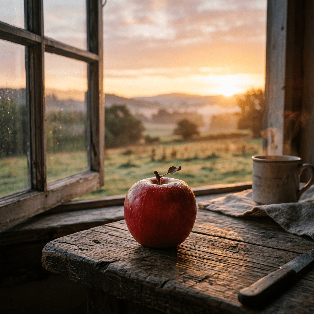 Red apple on a wooden table by an open window with a sunrise view
