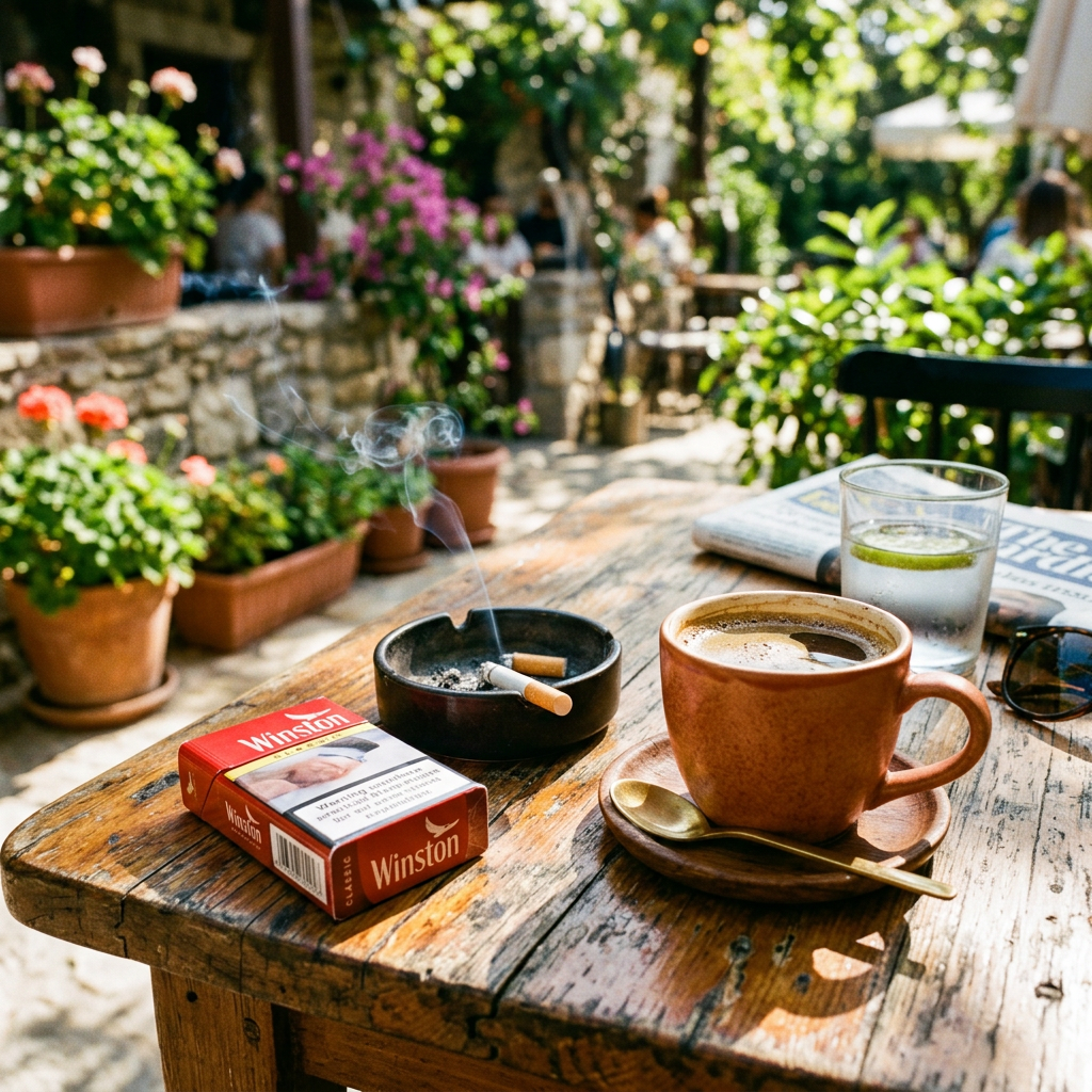 Cup of coffee, lit cigarette in ashtray with smoke, glass of water, and cigarette pack on wooden table