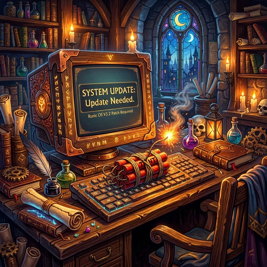 Ancient-style computer screen showing Chronicles of Aetheria with lit dynamite on keyboard