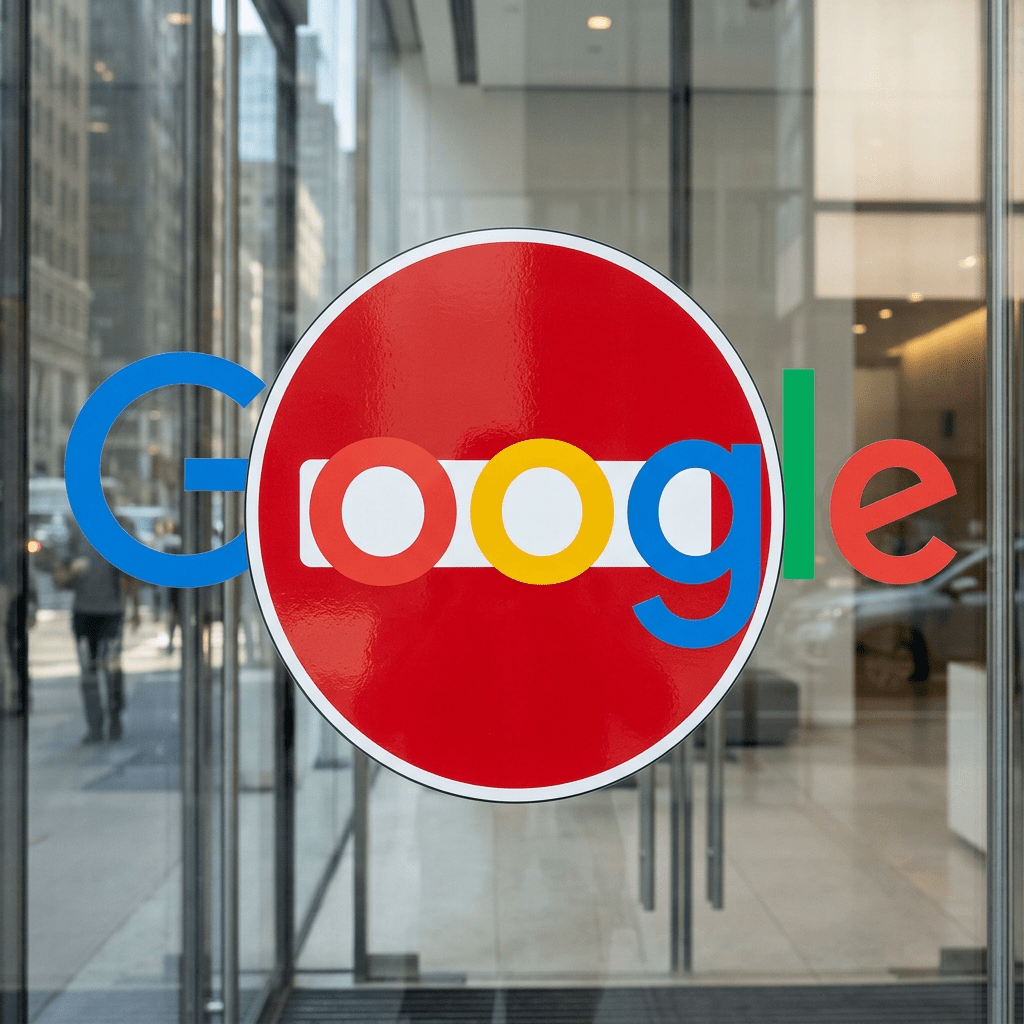 Google logo with red no entry sign in the center on a glass door