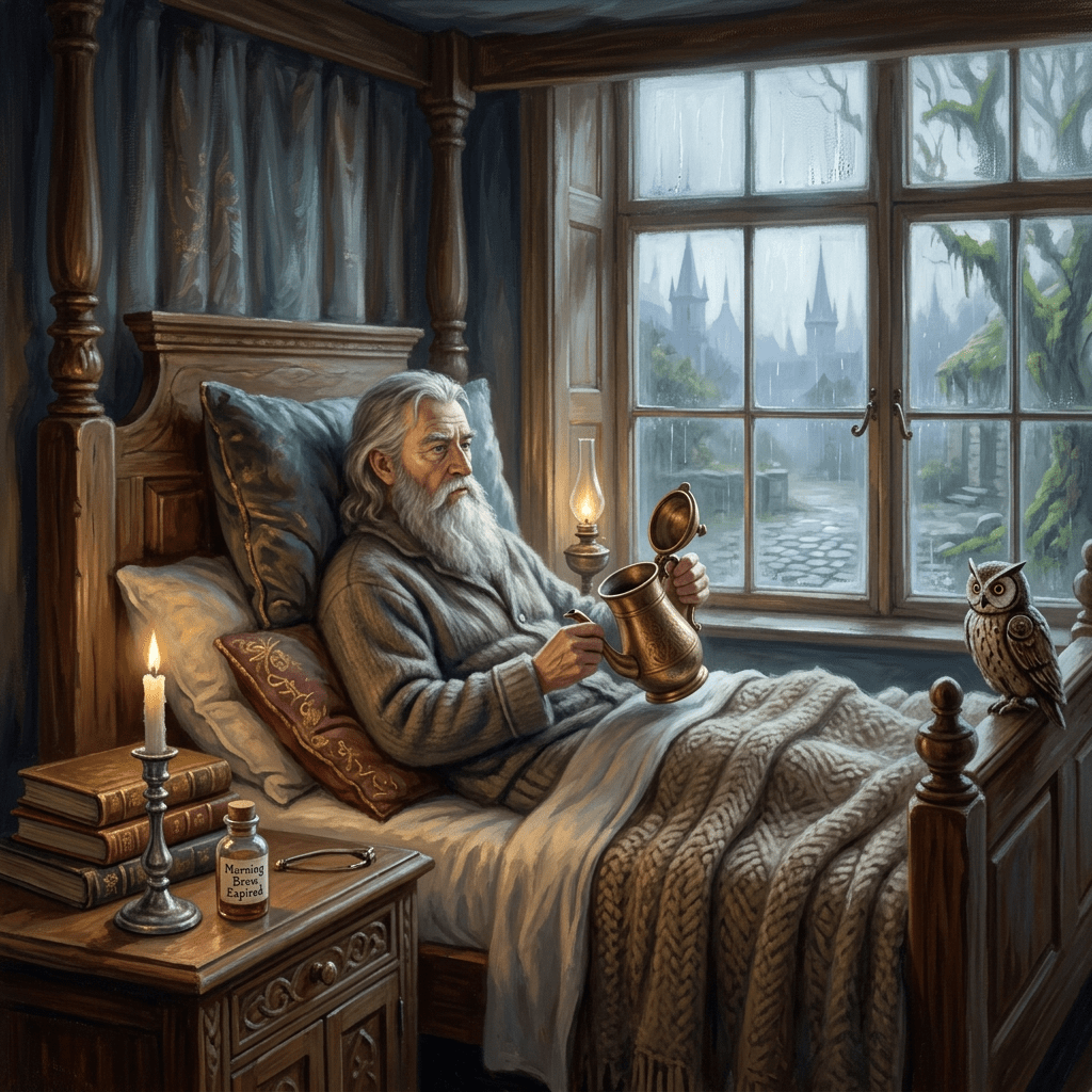 Elderly wizard sitting in bed holding a brass teapot in a cozy room with candlelight and an owl on the bedpost