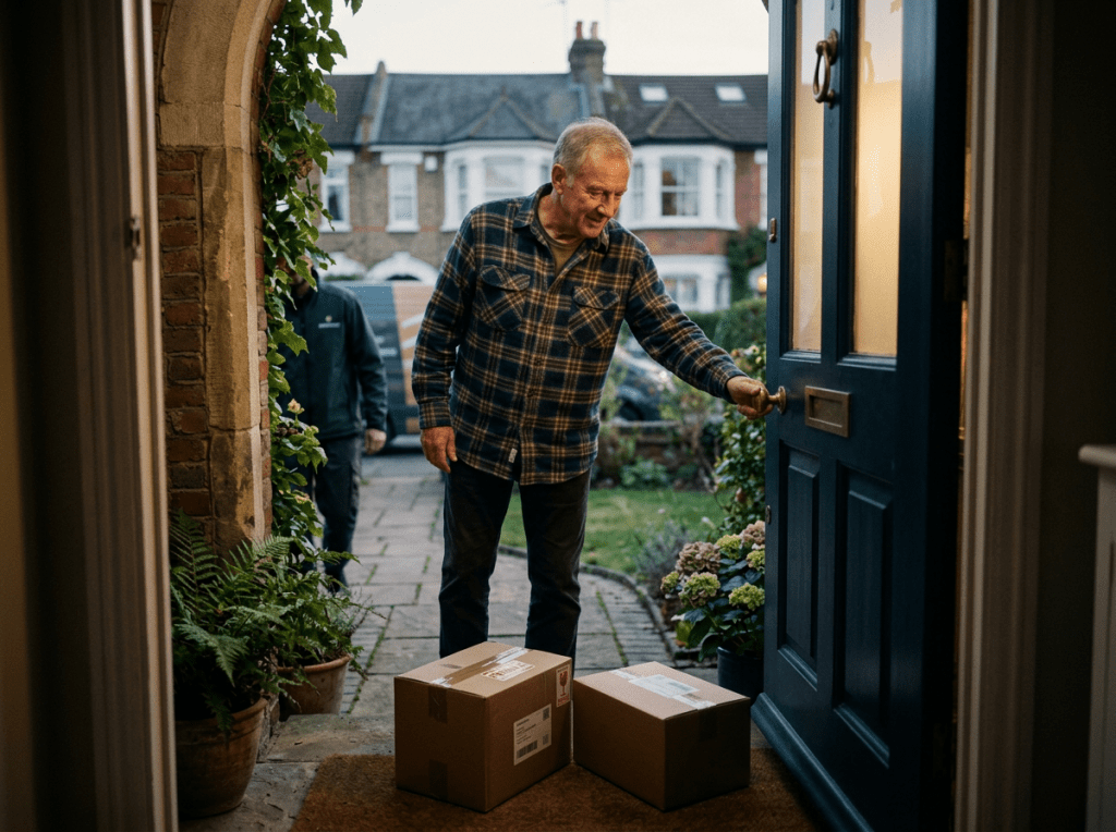 Older man opening front door to pick up two cardboard delivery boxes on doorstep