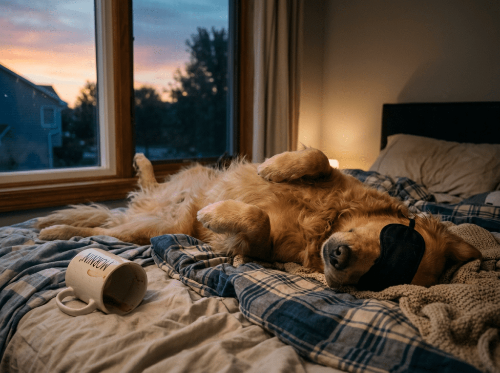 Golden retriever sleeping upside down on a bed beside a tipped mug