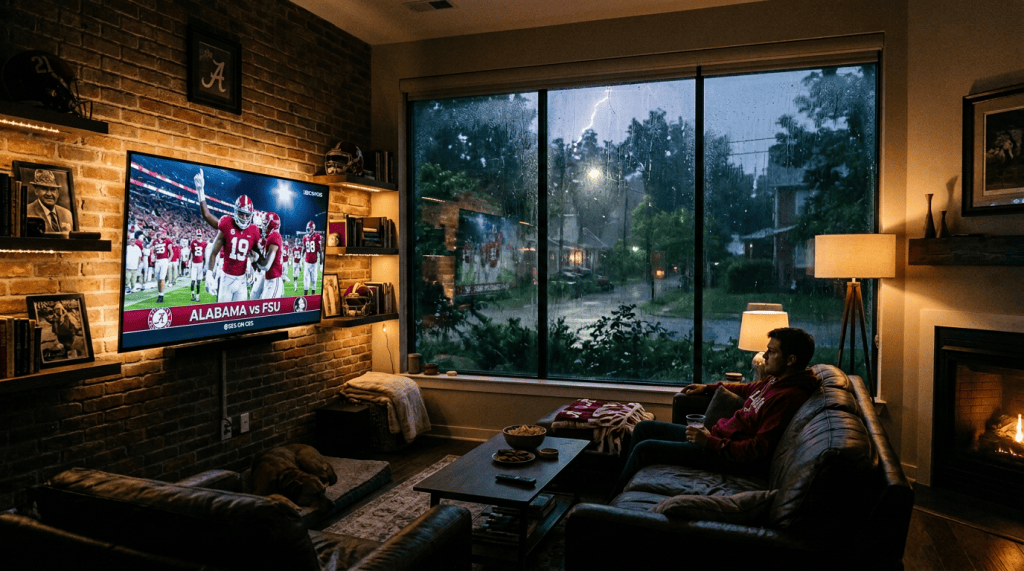 Fan watching Alabama versus Georgia football game in a cozy living room