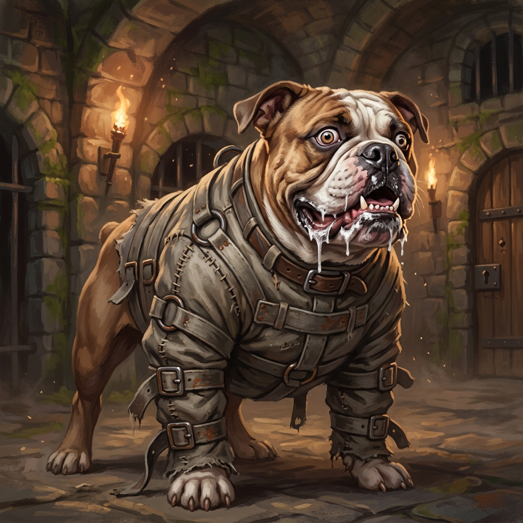 Bulldog wearing leather armor in a torchlit stone dungeon