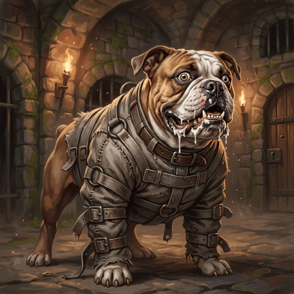Bulldog wearing leather armor in a torchlit stone dungeon