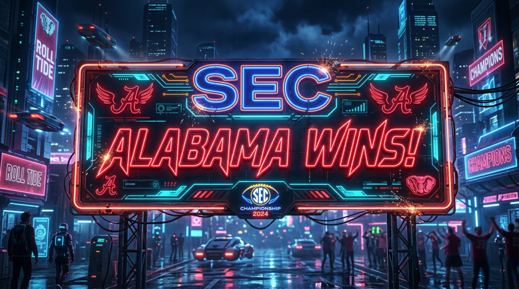 Neon sign reading “SEC ALABAMA WINS!” and “SEC Championship 2024”