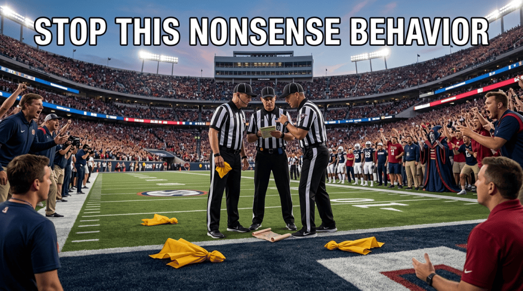 Football officials confer beneath text reading “STOP THIS NONSENSE BEHAVIOR.”