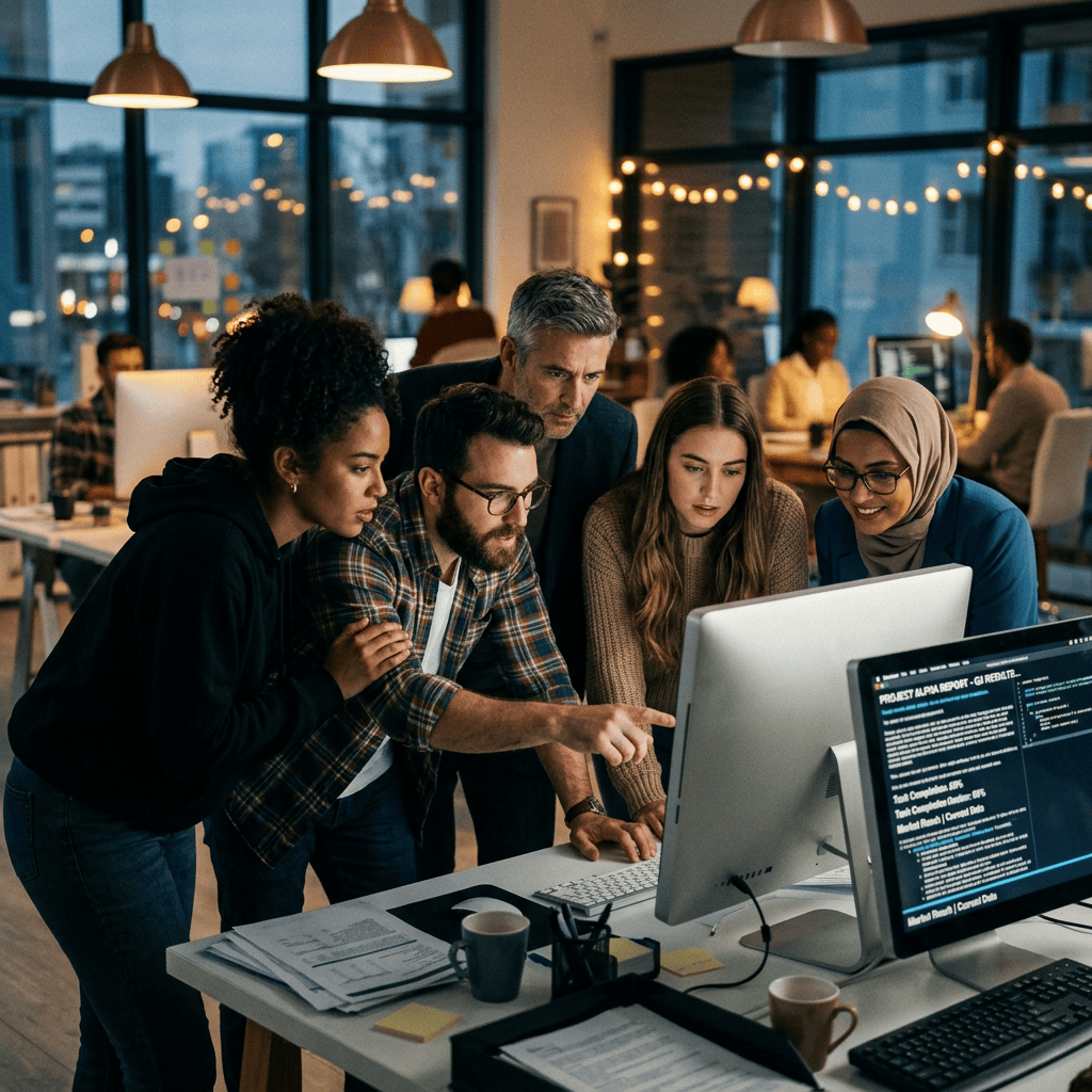 Five coworkers collaborate around computers in a warmly lit office