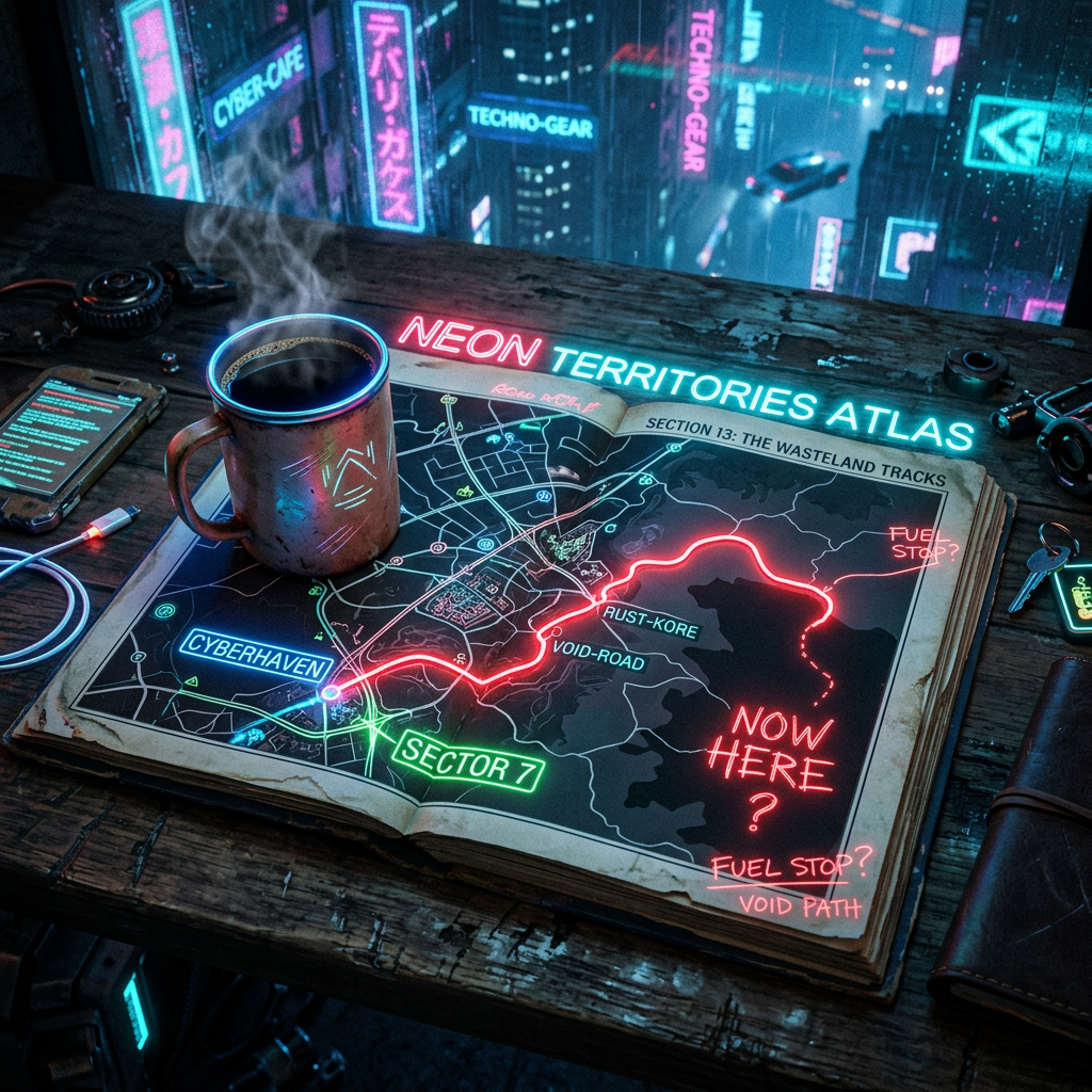 Glowing map labeled Neon Territories Atlas on a wooden desk