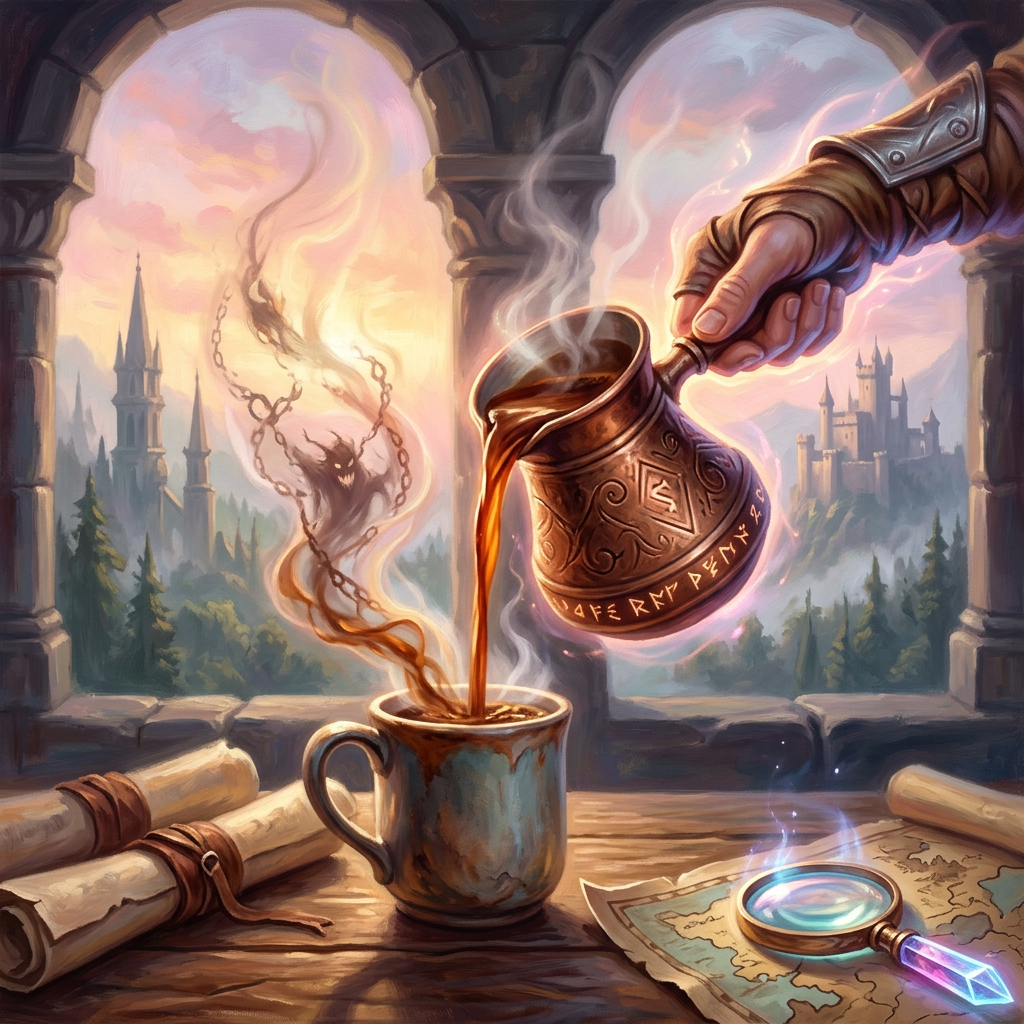 Enchanted coffee poured into a mug beside maps and a glowing compass