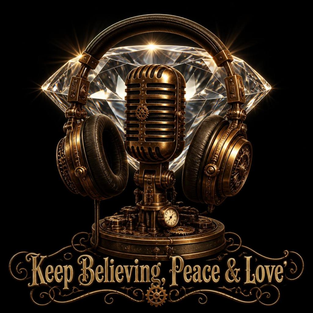 A vintage-style microphone and headphones are set against a sparkling diamond background, accompanied by the text 'Keep Believing, Peace & Love' in ornate lettering.