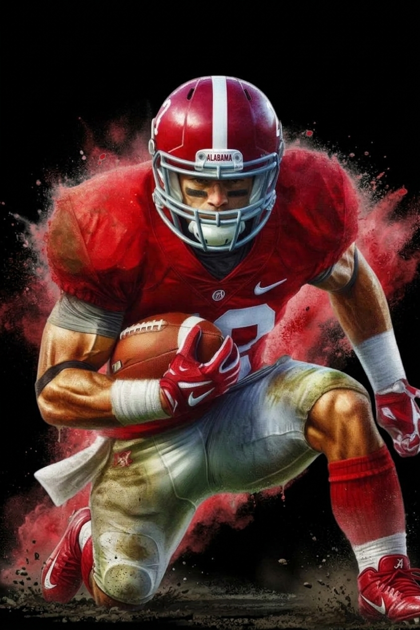 A dynamic football player in a red Alabama jersey, holding a football and running in an intense pose, with a black background and splashes of color around.