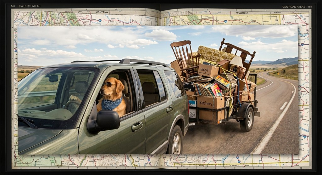 A dog wearing sunglasses sits in the passenger seat of a vehicle while a trailer filled with various items, including furniture and boxes, is towed behind on a winding road.