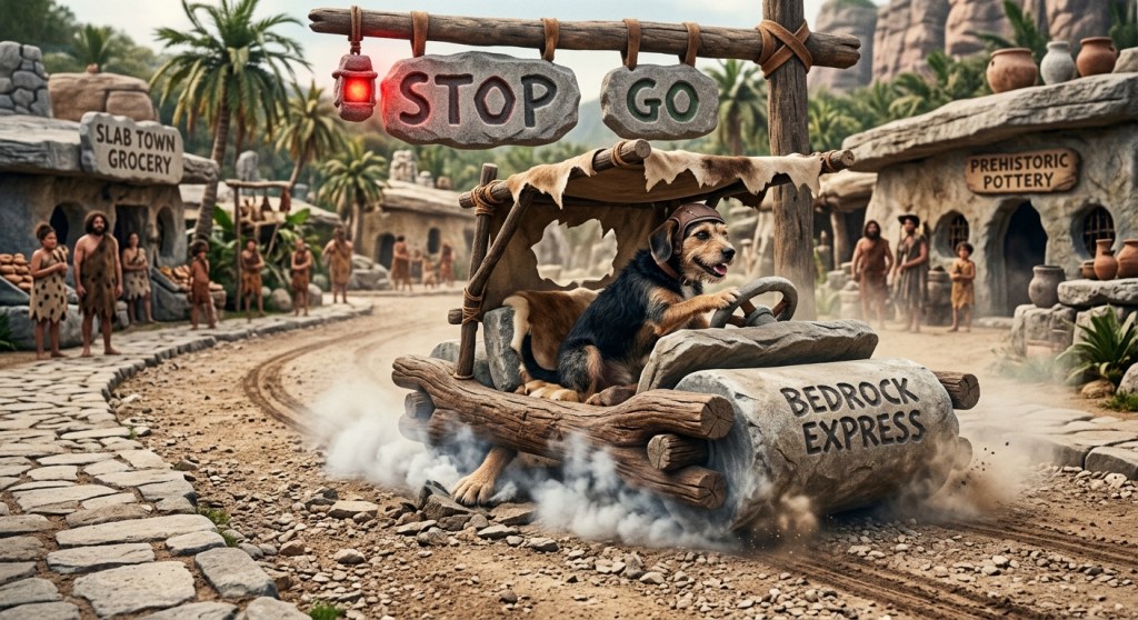 A dog driving a stone-age styled vehicle labeled 'Bedrock Express' on a dirt road, with a 'STOP' and 'GO' sign nearby, surrounded by prehistoric-themed buildings and people.