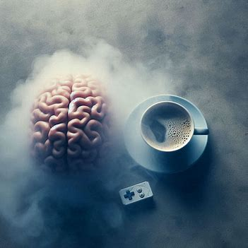A surreal composition featuring a realistic brain surrounded by smoke, a cup of coffee, and a video game controller.