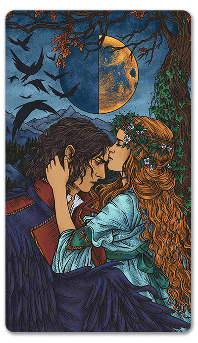 A romantic illustration featuring a man and woman embracing, with the man partially covered by black feathers and the woman adorned with flowers in her hair. The background includes a moonlit sky, swirling clouds, and birds in flight against a mountainous landscape.