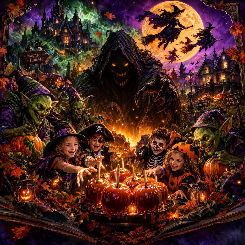 A whimsical Halloween scene featuring children in costumes, including pirates and skeletons, surrounded by goblins. They are reaching for caramel apples with candles, set against a backdrop of a haunted house and a full moon with flying witches.