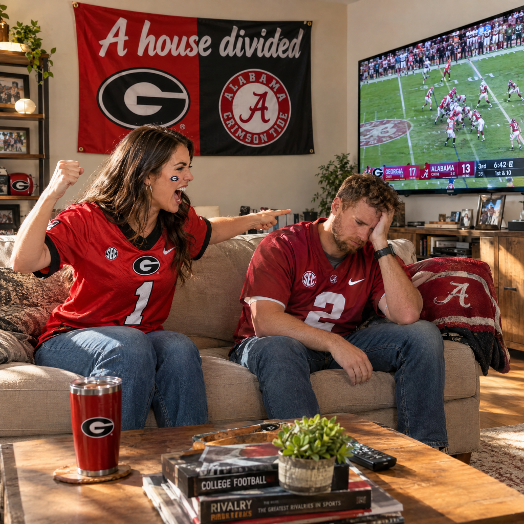 A woman in a Georgia football jersey passionately cheers while pointing at a screen, expressing excitement during a game. Next to her, a man in an Alabama jersey looks dejected, resting his head on his hand. In the background, a TV shows a collegiate football game with score details, and a 'A house divided' banner hangs on the wall.