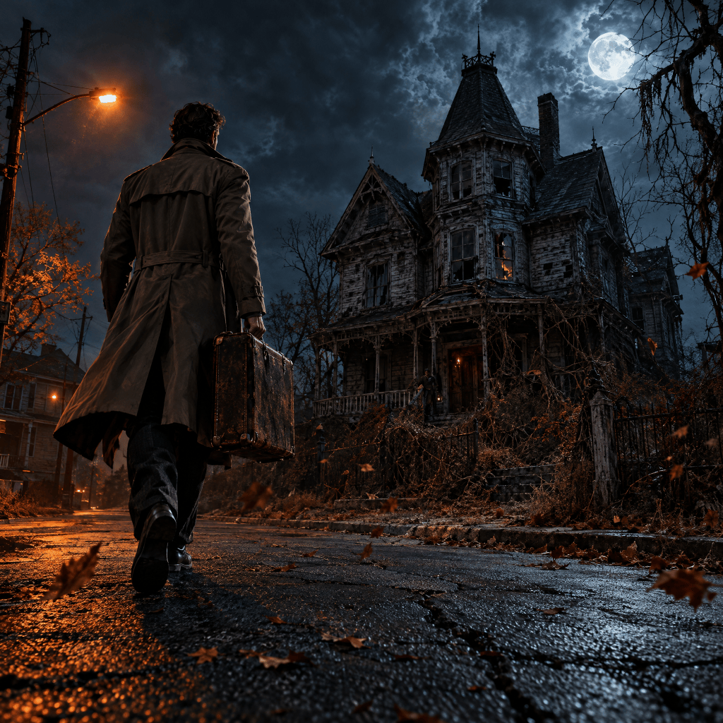A person in a long coat carrying a suitcase walks towards an eerie, dilapidated Victorian house under a dramatic night sky with a full moon.