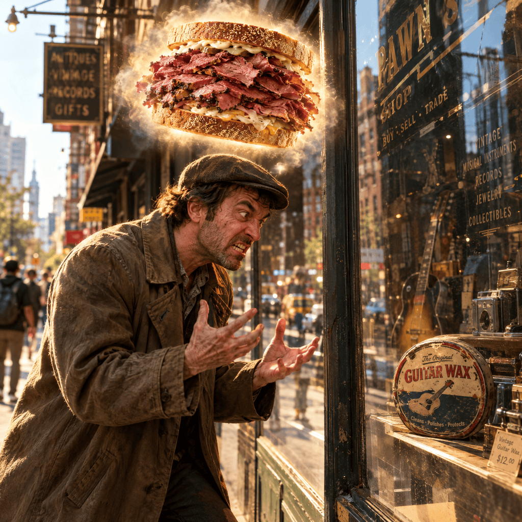 A frustrated man in a tattered coat expressing anger while looking at a shop window displaying vintage items, with a large pastrami sandwich floating above him.