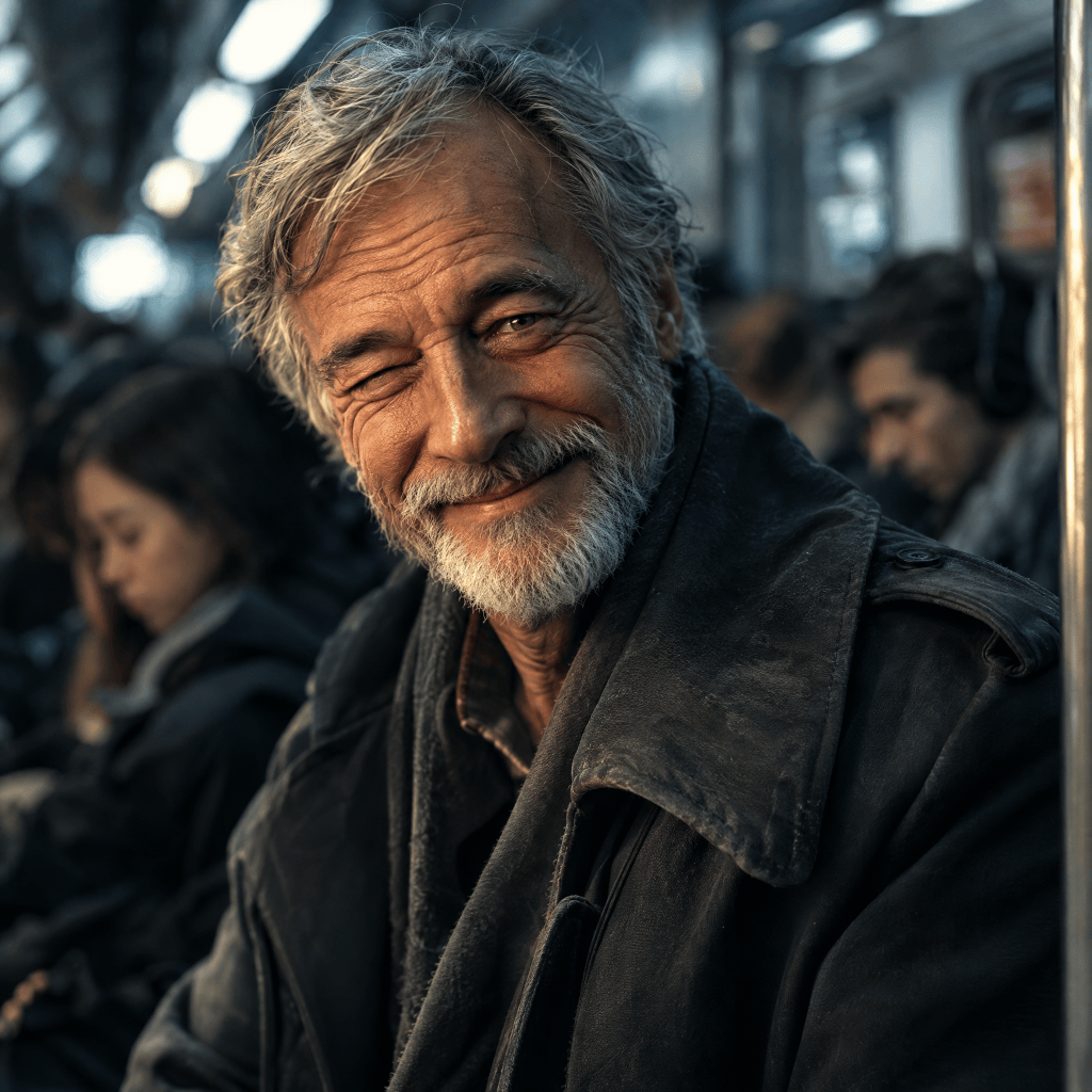 A smiling older man with a beard sitting in a subway train, wearing a dark coat, surrounded by other passengers.