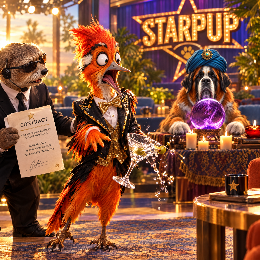 A colorful bird in a tuxedo holding a martini glass, appearing surprised, next to a sloth in sunglasses holding a contract, with a large dog wearing a turban and gazing into a crystal ball in the background, set in a glamorous stage environment.