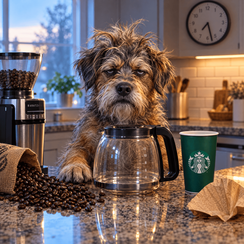 A scruffy dog sitting at a kitchen counter next to a coffee grinder, a glass coffee pot, a Starbucks cup, and scattered coffee beans.