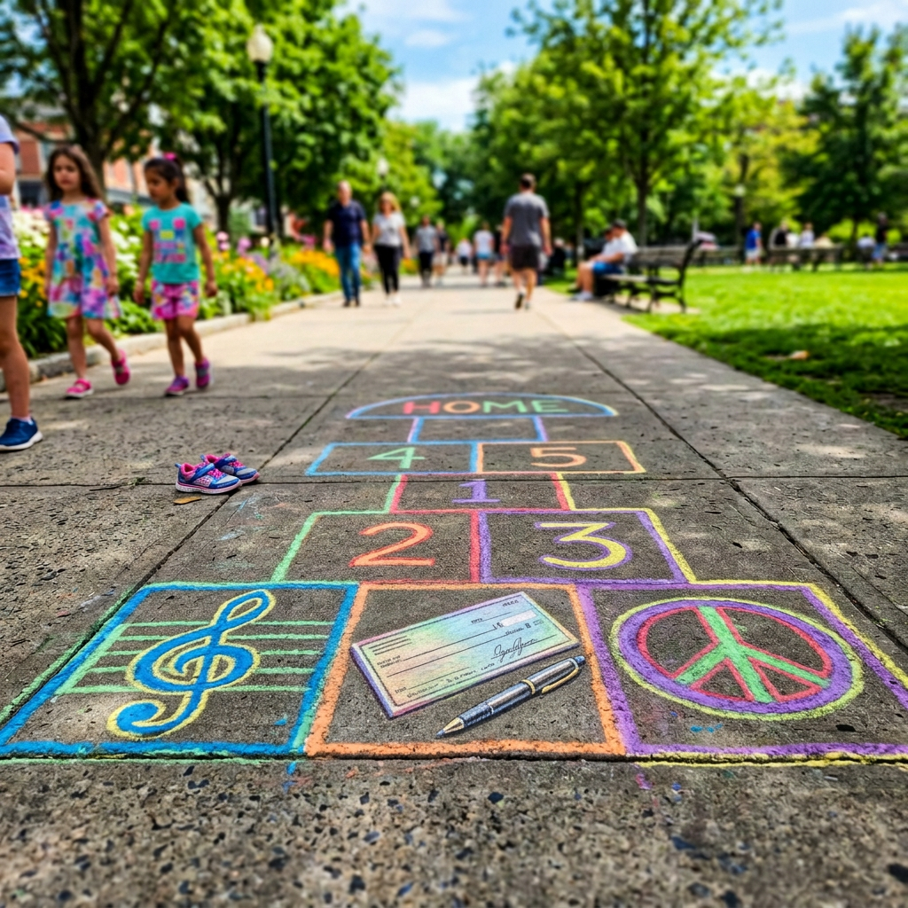 Community Park Hopscotch Along Walkway Colorful hopscotch course with shoes on a busy park walkway