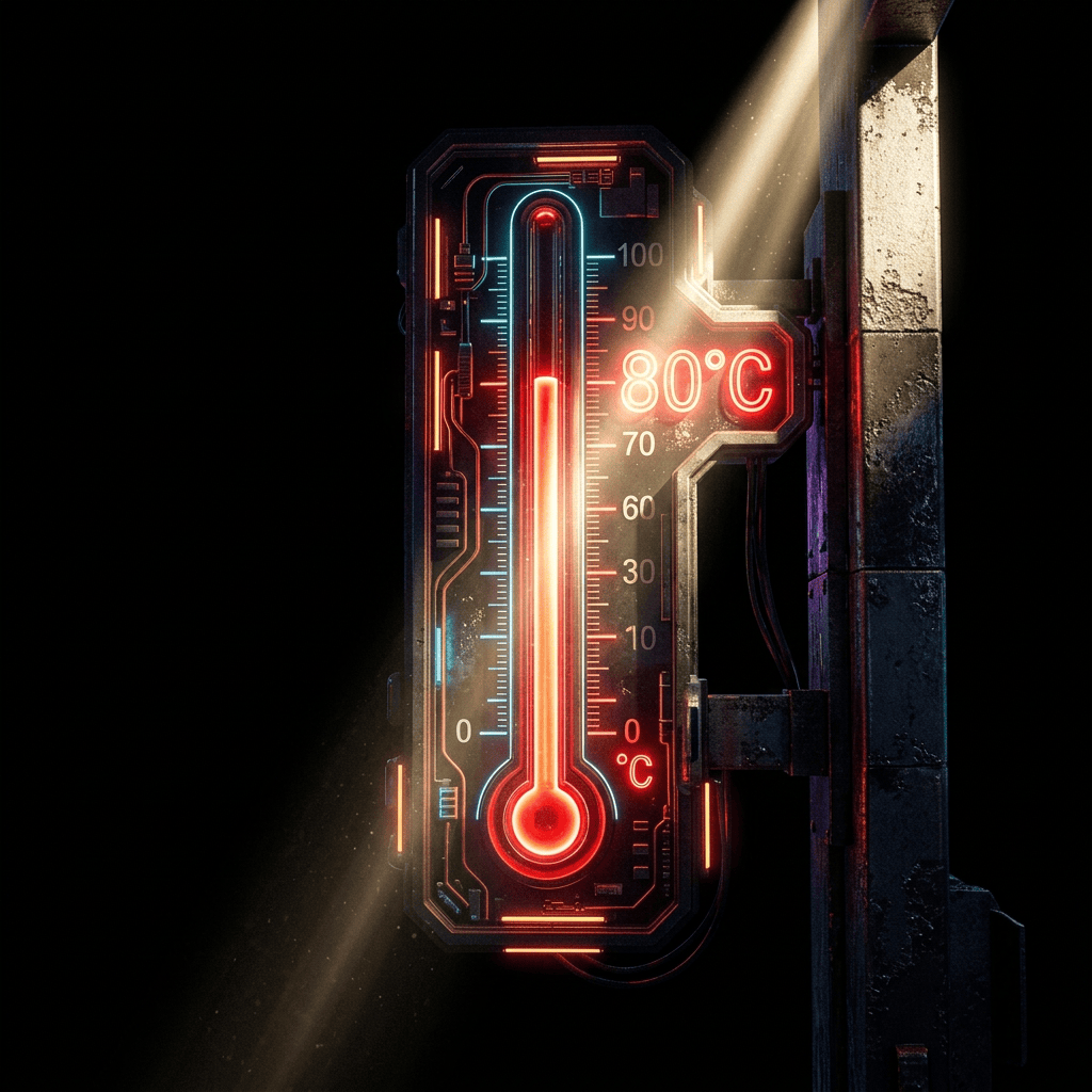Glowing digital thermometer displaying 80°C in a neon-lit rainy alley