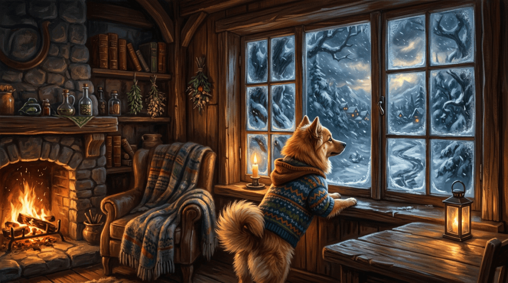 Dog in a sweater gazing through a snowy cabin window