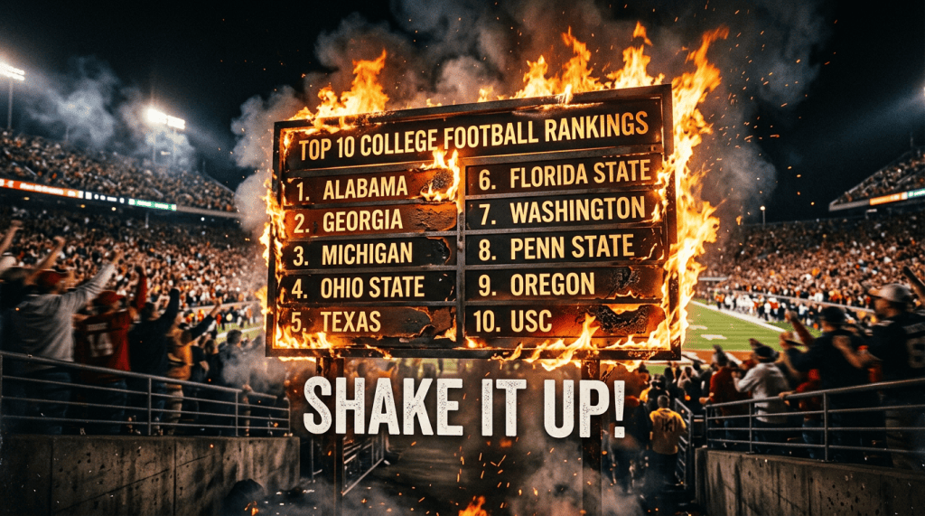 Top 10 College Football Rankings: 1. Alabama, 2. Georgia, 3. Michigan, 4. Ohio State, 5. Texas, 6. Florida State, 7. Washington, 8. Penn State, 9. Oregon, 10. USC. Shake It Up!