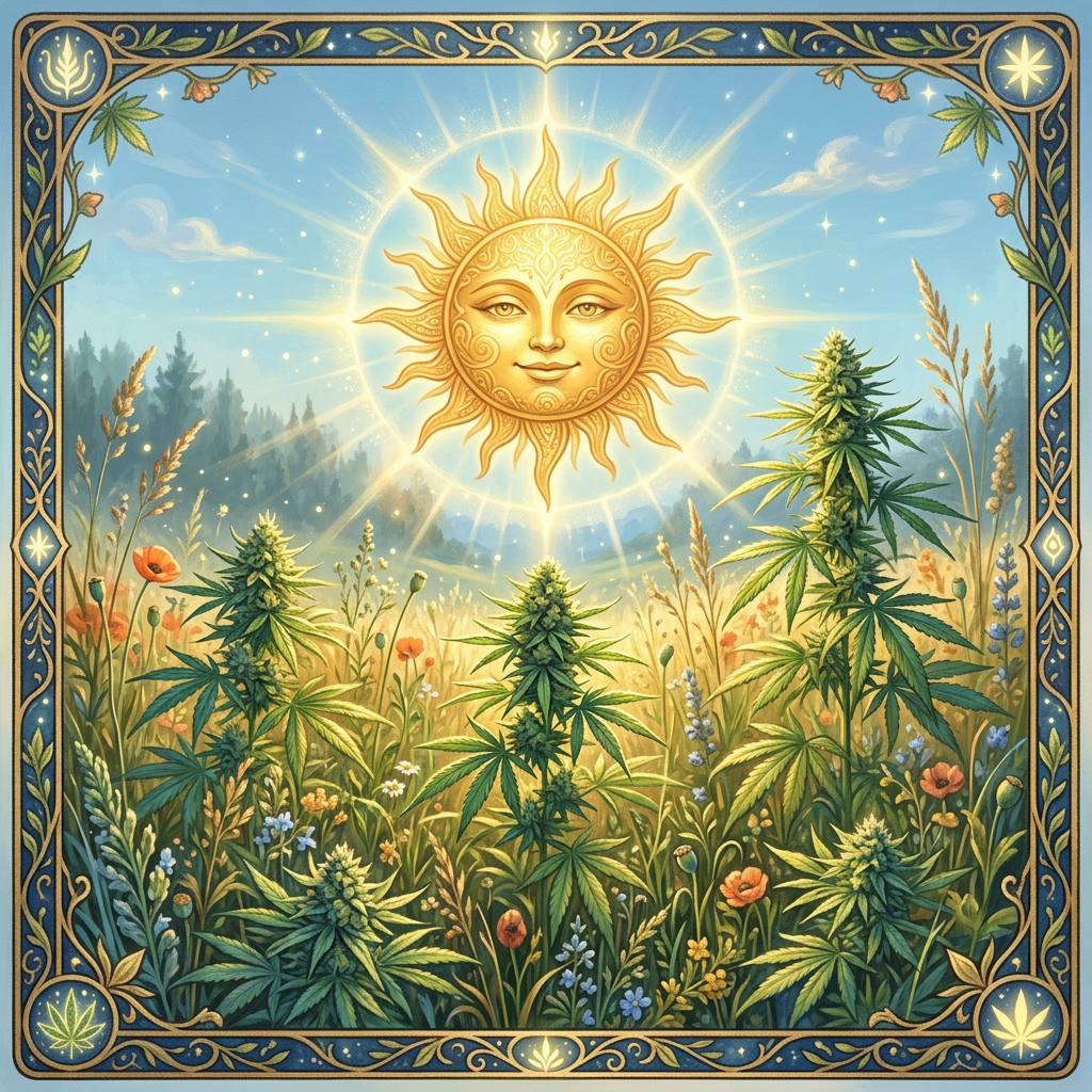 Smiling golden sun above flowering cannabis plants in a decorated botanical frame