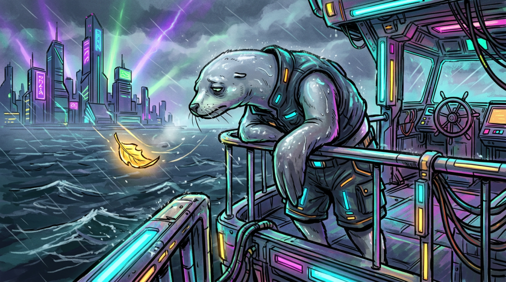 Gray seal in futuristic gear aboard a vessel amid a neon storm