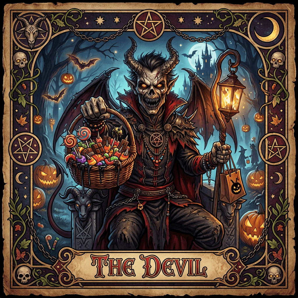 Illustrated devil holding candy basket and lantern, labeled “THE DEVIL”