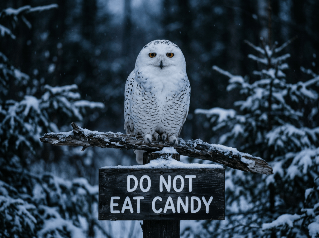 Snowy owl perched above a sign reading DO NOT EAT CANDY