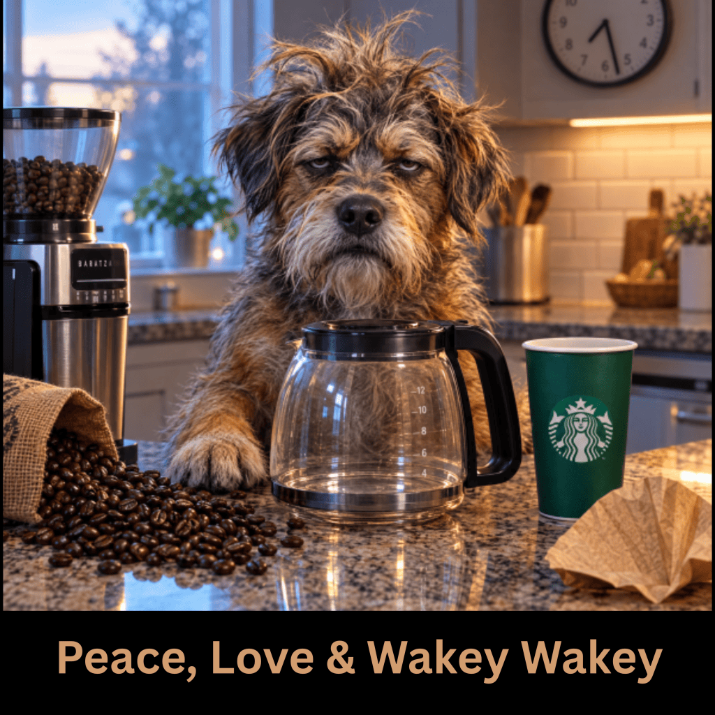 A scruffy dog with a serious expression sitting on a kitchen countertop next to a coffee maker and a cup from Starbucks, surrounded by scattered coffee beans.